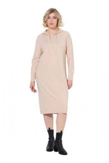 Ulla Popken 853669 Robe en maille à manches longues et capuche Beige - Robes midi - Robes mi-longues pour femmes rondes