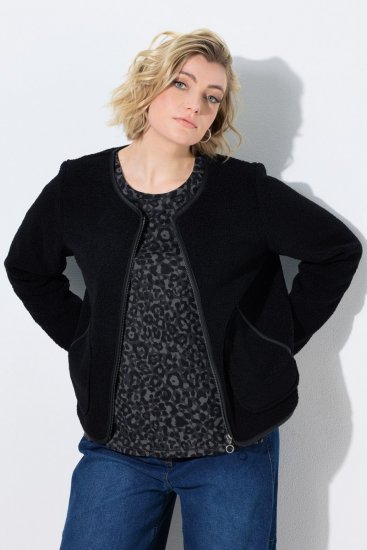 Ulla Popken 853685 Veste teddy courte à passepoils effet cuir Noir - Vestes - Vestes grande taille pour femme