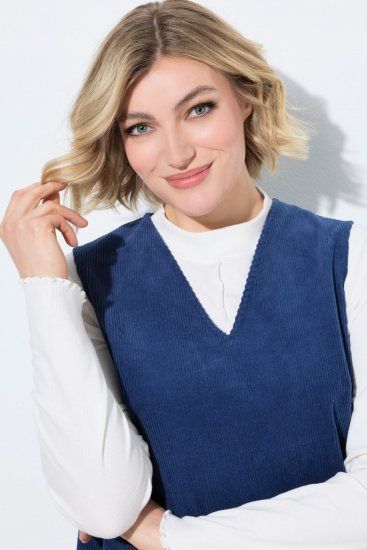 Ulla Popken 853697 Robe en velours côtelé sans manches à col V Bleu marine - Robes d'été - Robes légères d'été en grande taille