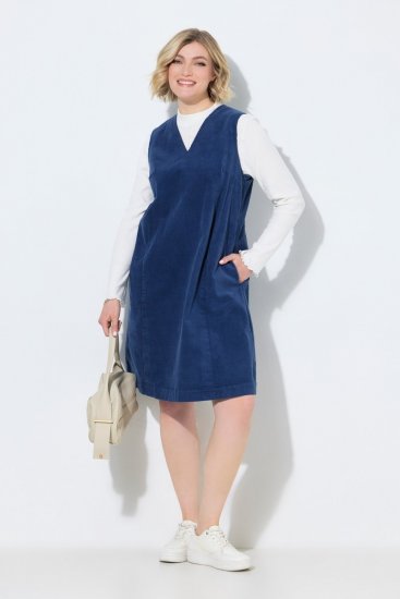 Ulla Popken 853697 Robe en velours côtelé sans manches à col V Bleu marine - Robes d'été - Robes légères d'été en grande taille