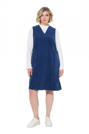 Ulla Popken 853697 Robe en velours côtelé sans manches à col V Bleu marine - Robes d'été - Robes légères d'été en grande taille