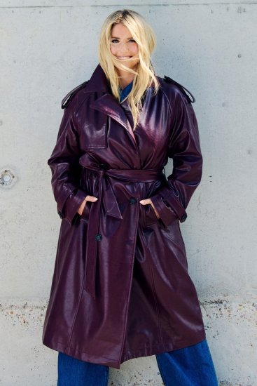 Ulla Popken 855617 Trench effet cuir à ceinture nouée Bordeaux - Manteaux - Manteaux grande taille pour femme