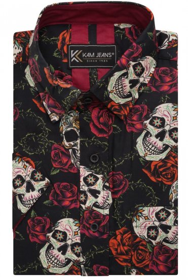 Kam Jeans 6042 Rose Skull Digital Print Shirt Black - Chemises - Chemises Grandes Tailles Hommes