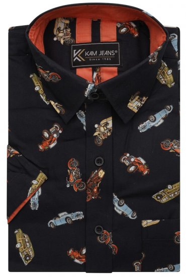 Kam Jeans 6046 Vintage Car Digital Print Shirt Black - Chemises - Chemises Grandes Tailles Hommes