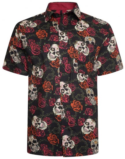 Kam Jeans 6042 Rose Skull Digital Print Shirt Black - Chemises - Chemises Grandes Tailles Hommes