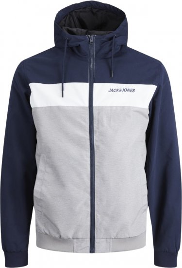 Jack & Jones RUSH White/Grey Blocking Bomber Jacket with Hood Navy Blazer - Vestes - Vestes homme grandes tailles