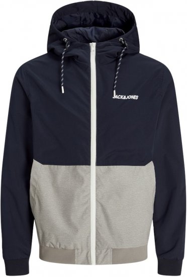 Jack & Jones RUSH White/Grey Blocking Bomber Jacket with Hood Dark Blue - Vestes - Vestes homme grandes tailles