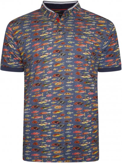 Kam Jeans 5743 Fish Print Jersey Grandad Top Indigo - Polos - Polos homme grande taille