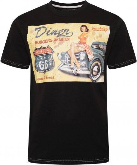 Kam Jeans 5751 Distressed Diners Print T-Shirt Black - T-shirts - T-shirts Homme Grande Taille