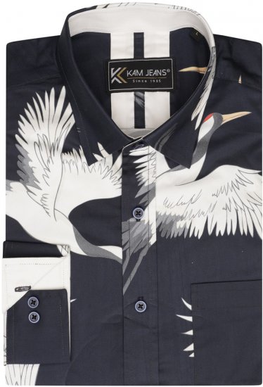 Kam Jeans 6059 LS Bird Print Shirt Navy - Chemises - Chemises Grandes Tailles Hommes