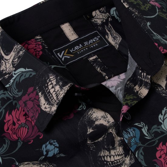 Kam Jean 6074 Chemise À Manches Courtes Avec Imprimé Tête De Mort Floral Noir - Chemises - Chemises Grandes Tailles Hommes
