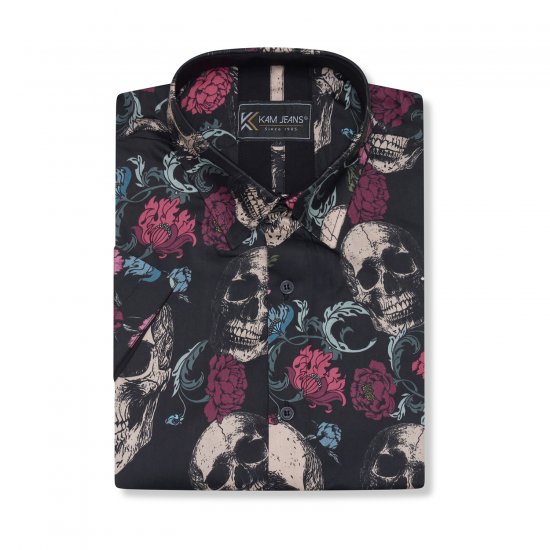 Kam Jean 6074 Chemise À Manches Courtes Avec Imprimé Tête De Mort Floral Noir - Chemises - Chemises Grandes Tailles Hommes