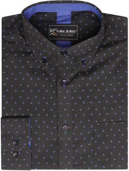 Kam Jeans 6297 Long Sleeve All Over Blue Dobby Print Shirt Black - Chemises - Chemises Grandes Tailles Hommes