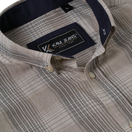 Kam Jeans 6382 Chemise Texturée À Carreaux Manches Courtes Beige - Chemises - Chemises Grandes Tailles Hommes
