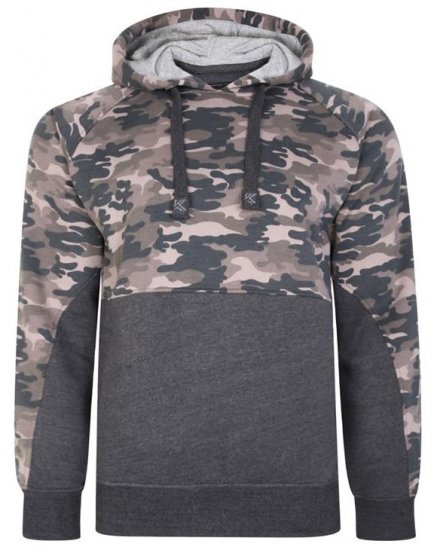 Kam Jeans 7036B Camo Pannelled Over The Head Hoody Charcoal - Sweatshirts & hoodies - Sweatshirts/Hoodies grande taille homme