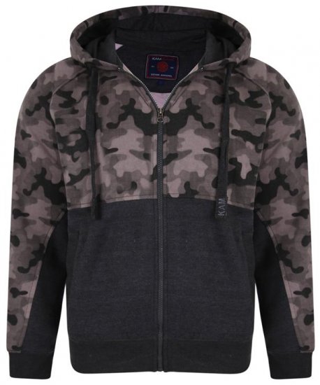 Kam Jeans 7036 Camo Print Full Zipper Hoodie Charcoal - Sweatshirts & hoodies - Sweatshirts/Hoodies grande taille homme