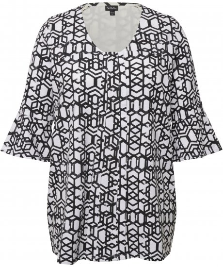 Ulla Popken Geometric Print Trumpet Sleeve Tee Black - T-shirts imprimés pour femme - 