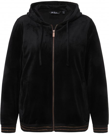 Ulla Popken Tulip Line Print Velour Zip Hoodie Black - Sweatshirts & hoodies - 