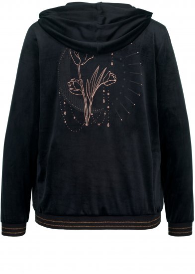 Ulla Popken Tulip Line Print Velour Zip Hoodie Black - Sweatshirts & hoodies - 