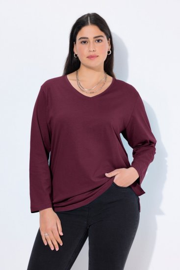 Ulla Popken Back To Basics V-Neck Relaxed Fit Cotton Tee Dark Berry - T-shirts - T-shirts au féminin, grandes tailles