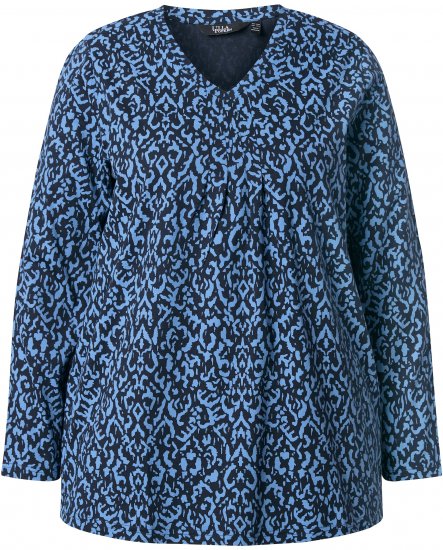 Ulla Popken Geometric Print 3/4 Sleeve Pleated Tee Navy Blue - T-shirts imprimés pour femme - 