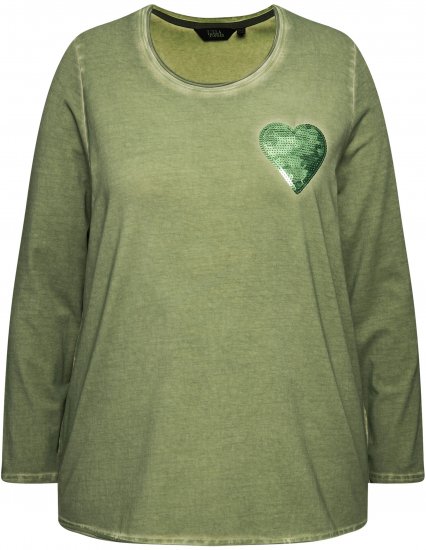 Ulla Popken Cold Dyed Sequined Heart Long Sleeve Tee Sage Green - T-shirts imprimés pour femme - 