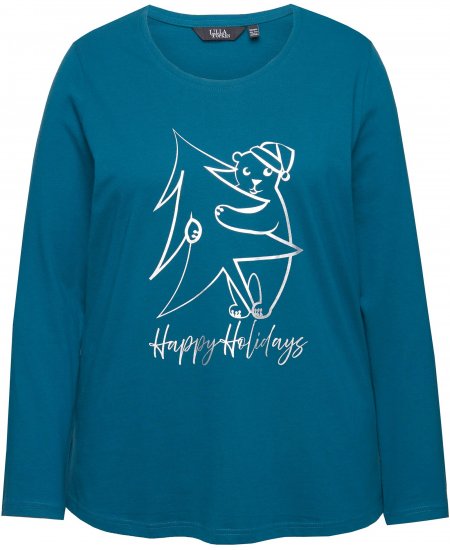 Ulla Popken Metallic Graphic Holiday Tee Teal - T-shirts imprimés pour femme - 
