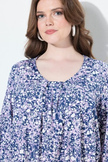 Ulla Popken Allover Printed Pleated Long Sleeve Tee Dark Blue - T-shirts imprimés pour femme - Tee-shirts à motifs pour femme