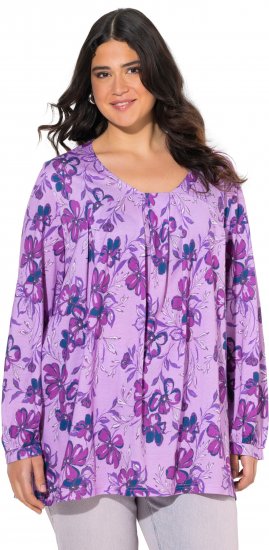 Ulla Popken Allover Printed Pleated Long Sleeve Tee Lavender - T-shirts imprimés pour femme - 