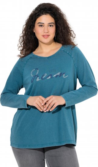 Ulla Popken Dream Rhinestone Lettering Long Sleeve Tee Teal - T-shirts imprimés pour femme - 