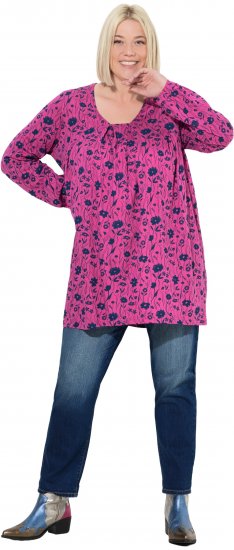 Ulla Popken Pleated Long Sleeve Floral Knit Tunic Summer Berry - T-shirts imprimés pour femme - 