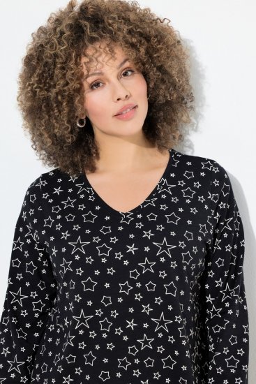 Ulla Popken Allover Printed Long Sleeve Tee Black - T-shirts imprimés pour femme - Tee-shirts à motifs pour femme