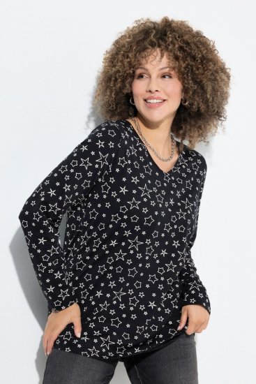 Ulla Popken Allover Printed Long Sleeve Tee Black - T-shirts imprimés pour femme - Tee-shirts à motifs pour femme