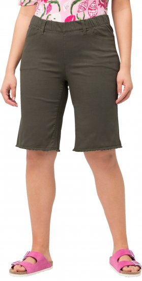 Ulla Popken Frayed Hemline Elastic Waistband Bermuda Shorts Loden Green - Jeans & Pantalons Femme Grandes Tailles – Plus Size - 