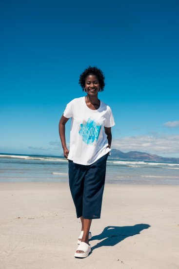 Ulla Popken Cropped Linen Blend Elastic Waist Pants Navy - Jeans & Pantalons Femme Grandes Tailles – Plus Size - 