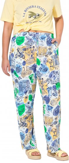 Ulla Popken Italy Print Elastic Waist Pants White - Jeans & Pantalons Femme Grandes Tailles – Plus Size - 