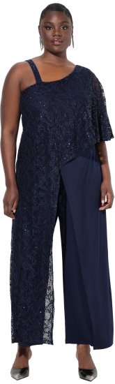 Ulla Popken Asymmetric Lace Panel Jumpsuit Navy - Jeans & Pantalons Femme Grandes Tailles – Plus Size - 