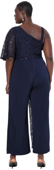 Ulla Popken Asymmetric Lace Panel Jumpsuit Navy - Jeans & Pantalons Femme Grandes Tailles – Plus Size - 