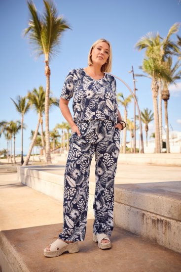 Ulla Popken Feather Print Elastic Waist Pants Blue - Jeans & Pantalons Femme Grandes Tailles – Plus Size - 