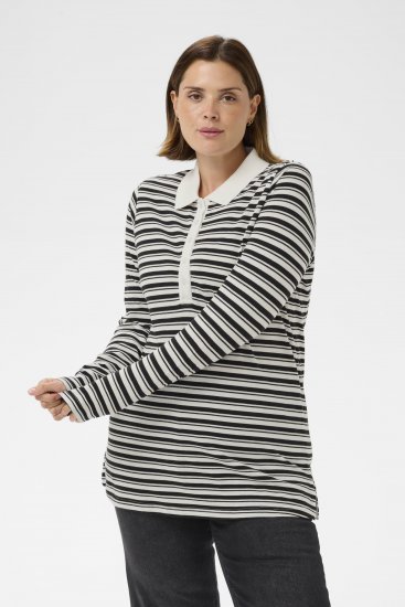 Kaffe Curve Miana Long Sleeve Polo Chalk with Black Stripe - Polos - 