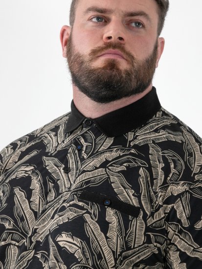 D555 Palmer Leaf Printed Jacquard Collar & Cuff Chest Pocket Polo Black - Polos - Polos homme grande taille