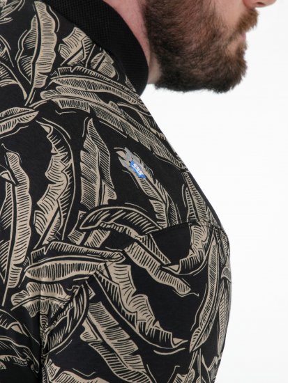 D555 Palmer Leaf Printed Jacquard Collar & Cuff Chest Pocket Polo Black - Polos - Polos homme grande taille