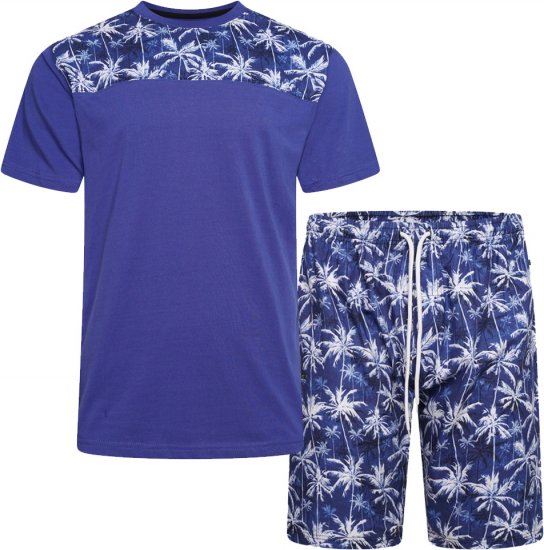 Kam Jeans 5002 Palm Tree Panel Tee And Short Set Electric Blue - T-shirts - T-shirts Homme Grande Taille