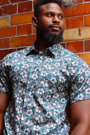 Kam Jeans 6061 Hibiscus Floral Print Short Sleeve Shirt Midnight Blue - Chemises - Chemises Grandes Tailles Hommes
