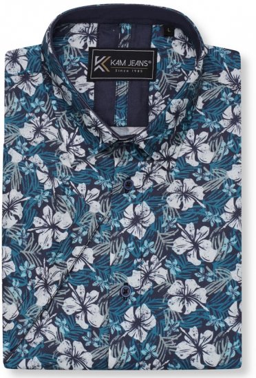 Kam Jeans 6061 Hibiscus Floral Print Short Sleeve Shirt Midnight Blue - Chemises - Chemises Grandes Tailles Hommes