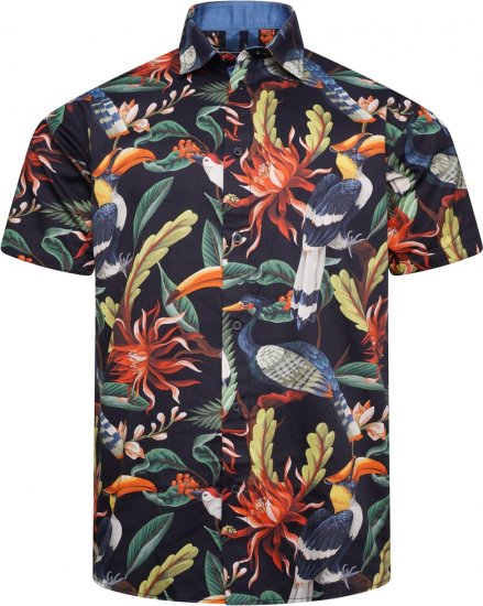 Kam Jeans 6066 Bird Print Short Sleeve Shirt Navy - Chemises - Chemises Grandes Tailles Hommes