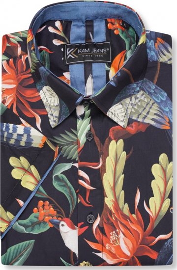 Kam Jeans 6066 Bird Print Short Sleeve Shirt Navy - Chemises - Chemises Grandes Tailles Hommes