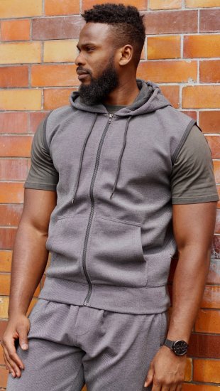 Kam Jeans 7077 Textured Interlock Sleeveless Hoodie Charcoal - Sweatshirts & hoodies - Sweatshirts/Hoodies grande taille homme
