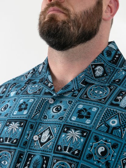D555 Hawkins Printed Cuban Collar Resort Short Sleeve Shirt Teal - Chemises - Chemises Grandes Tailles Hommes