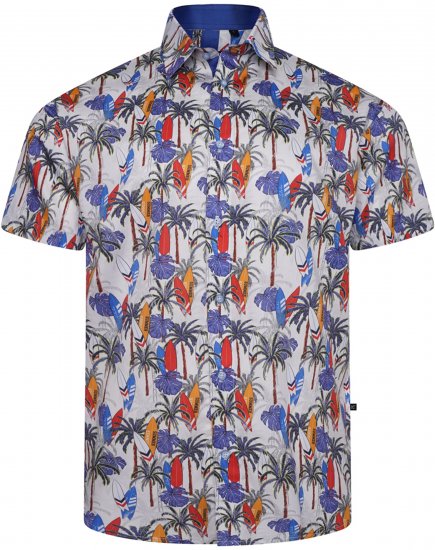 Kam Jeans 6060 Palm Tree and Surf Boards Short Sleeve Shirt White - Chemises - Chemises Grandes Tailles Hommes